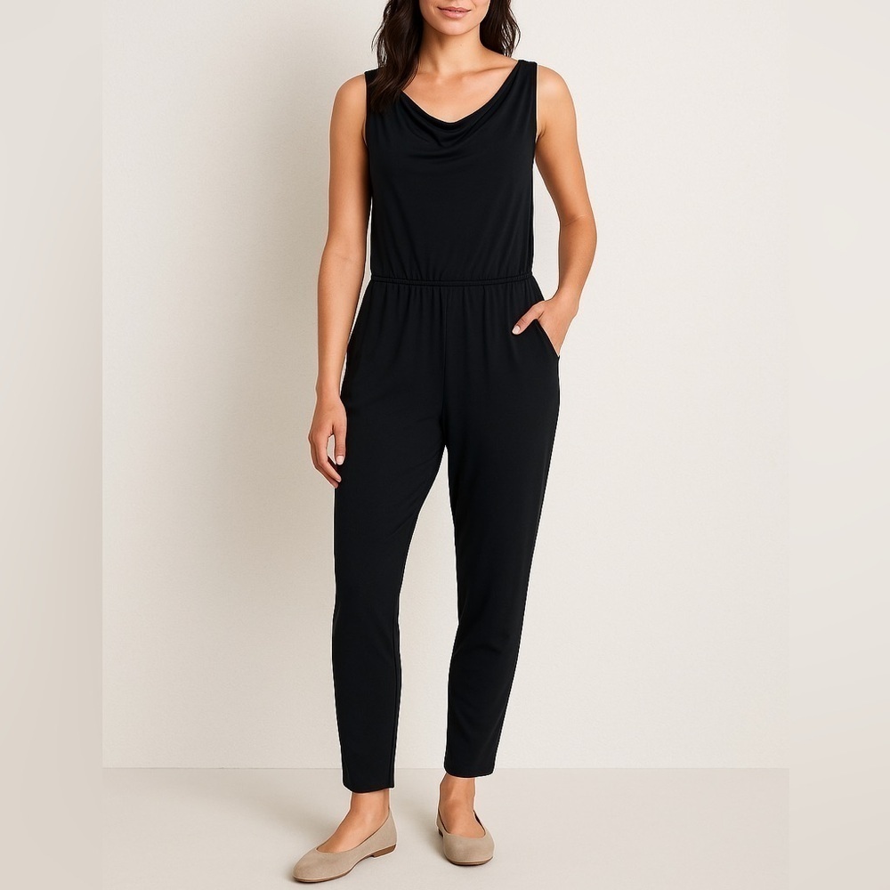 Garnet Hill Jumpsuit Easy Beach Black Lightweight Sleeveless Cowl Neck Sz 4
